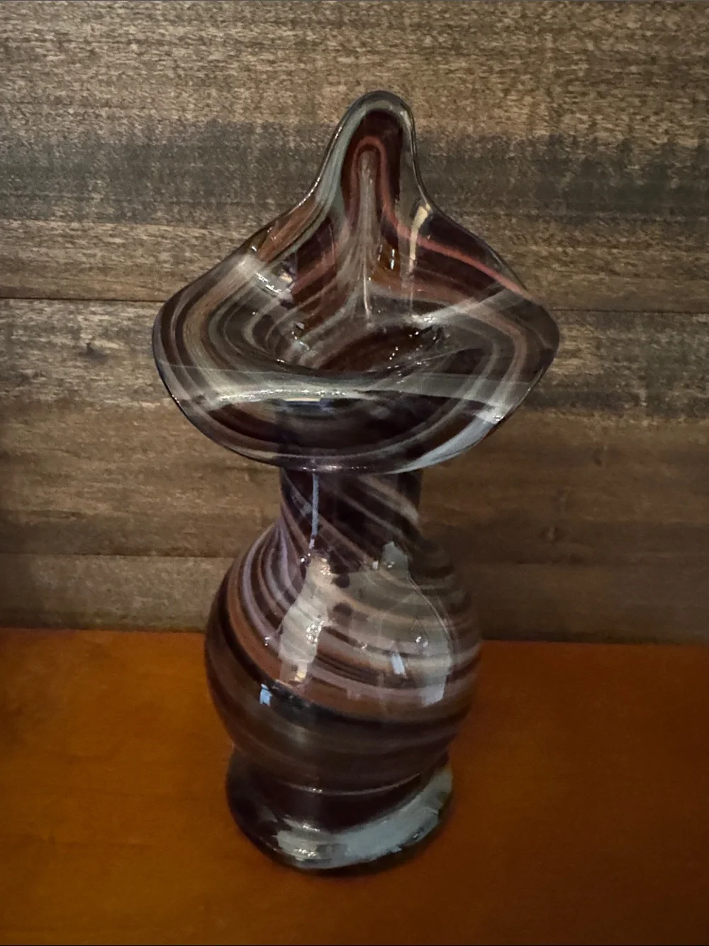 Handblown Swirl Glass Art Vase - Brown, Purple and White